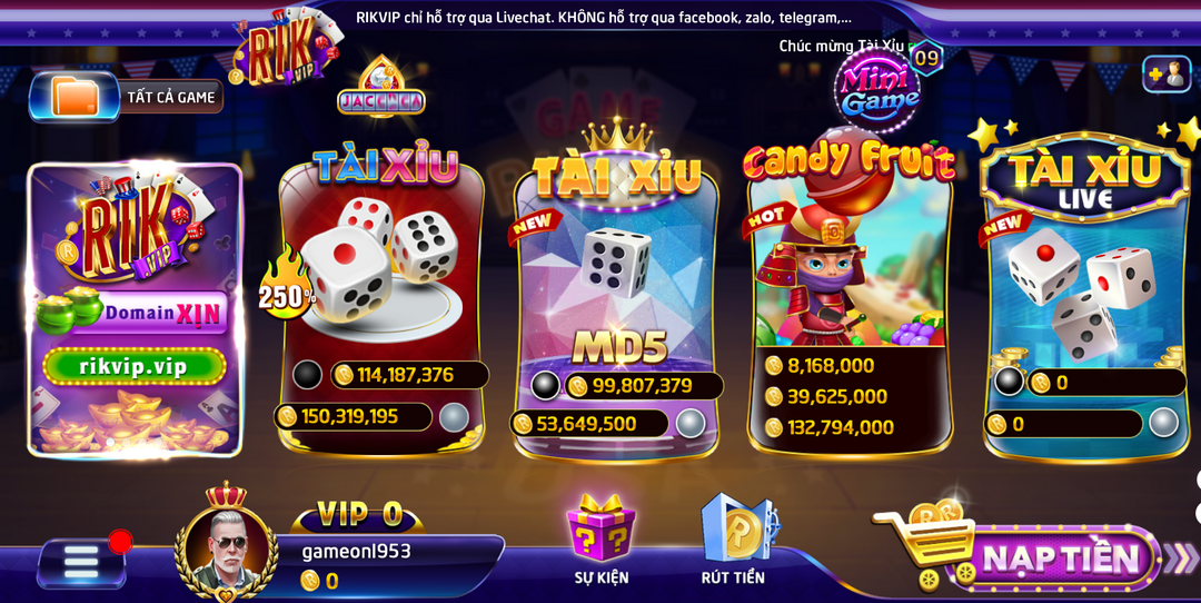 Sảnh game bài Rikvip siêu đa dạng